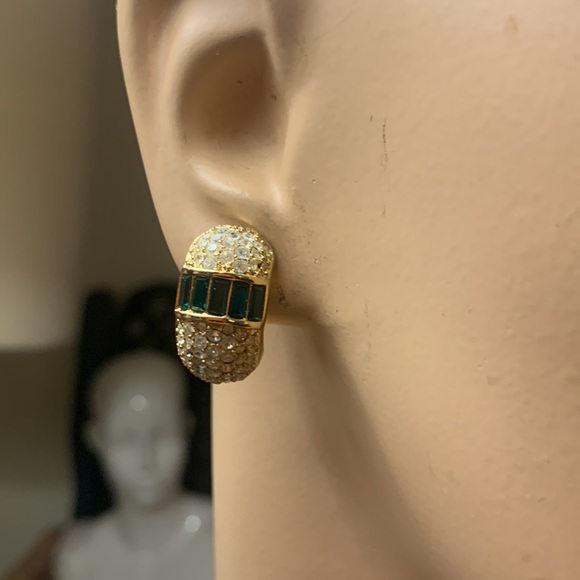 CHRISTIAN DIOR EMERALD AND PAVÉ DIAMOND EARRINGS CLIP ONS VINTAGE 80’s - Picture 4 of 12